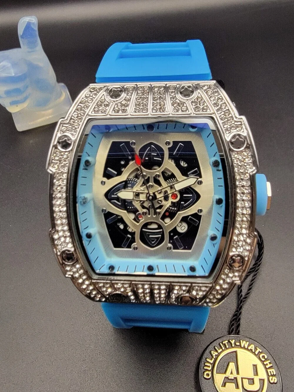 NWT Mens AJ Brand Blue Skeleton Diamond Style 41.5mm Watch Silicone Band w/Date